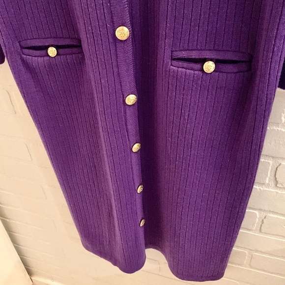 Vintage 80s Knit Dress Midi Secretary Purple Longsleeve Button down Pockets 14 - Picture 2 of 11